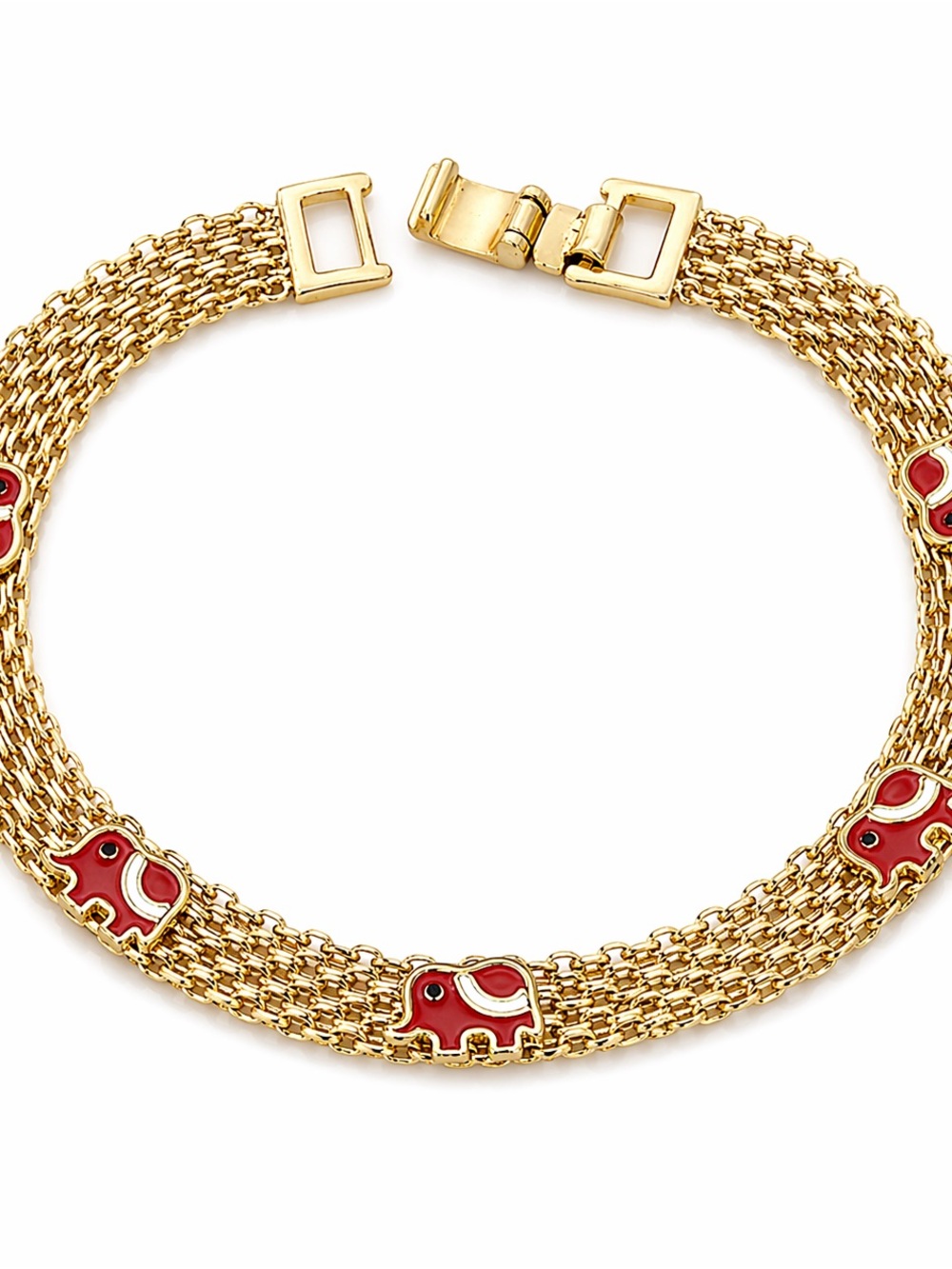 Gold Multi-Strand Bracelet with Red Elephant Accents
